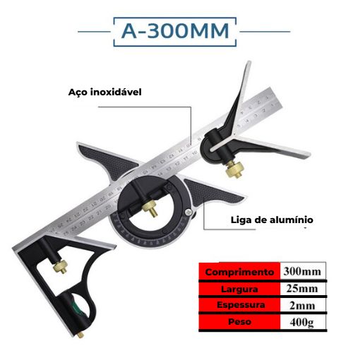 Esquadro Combinado 3 em 1 Com Nível Bolha 12'' 300mm/600mm