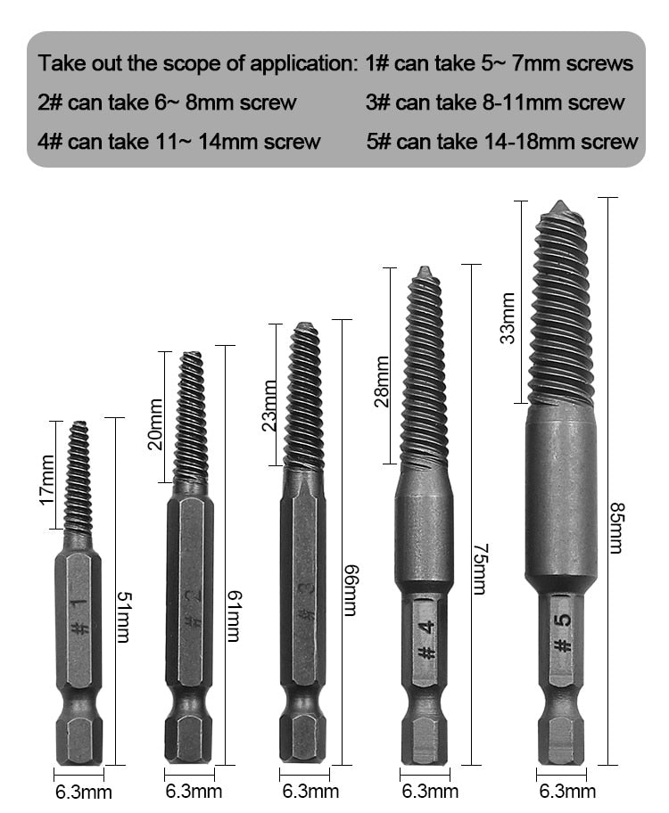 Conjunto de broca para extrair parafusos quebrados e danificados - 5 Peças